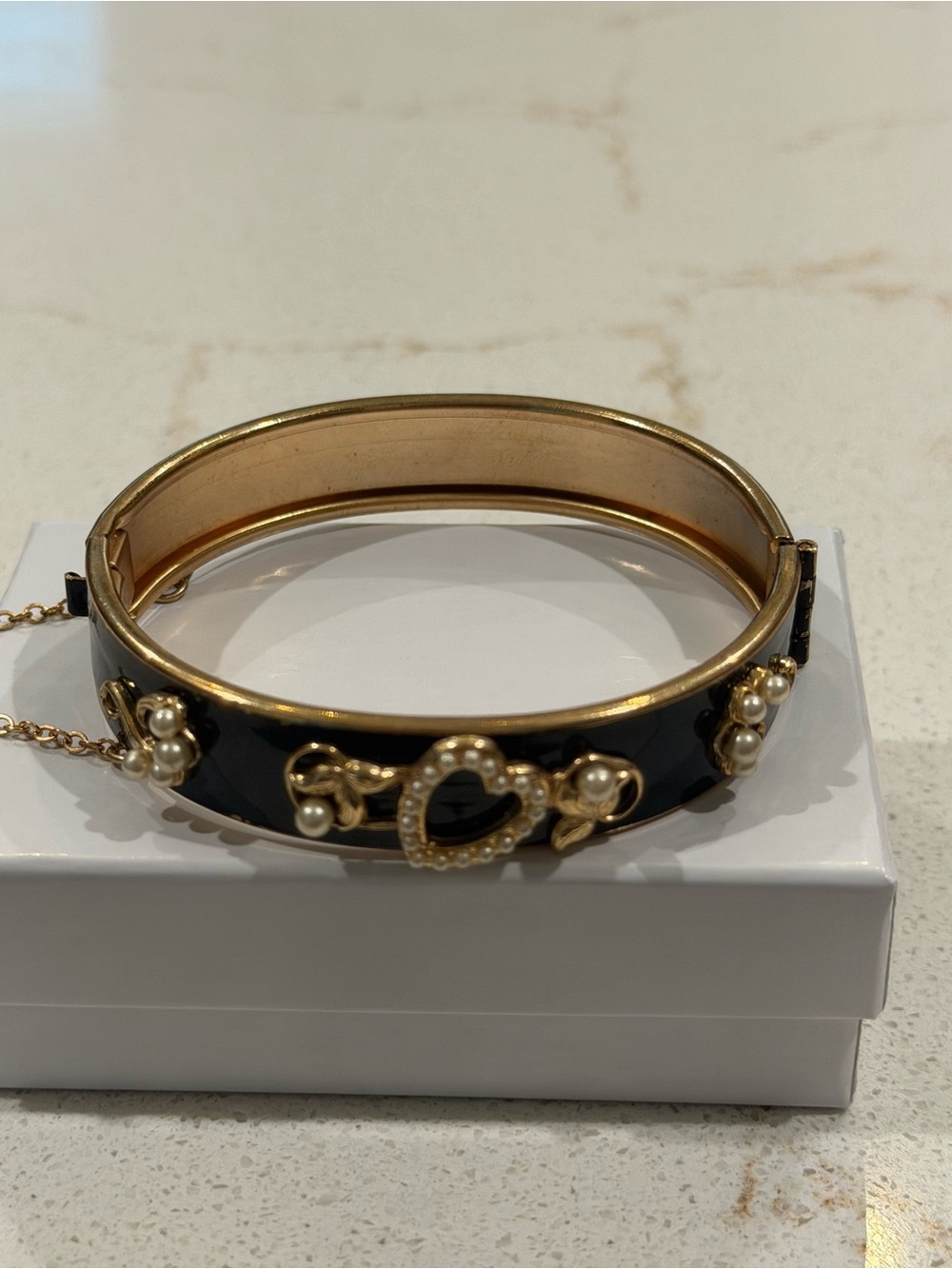 Marino Gold-Tone Black Enamel Bangle with Pearl & Heart Accents